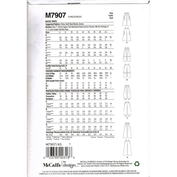 McCall's M7907 Misses 6 to 14 Easy Loose Fitting Pants Uncut Sewing Pattern New - Picture 2 of 2